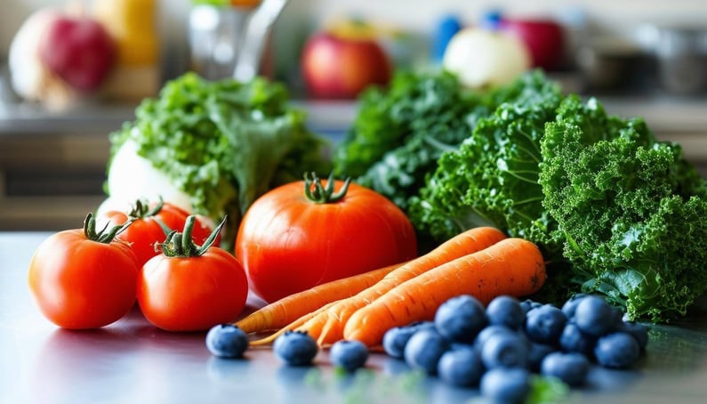 Tomatoes, carrots, kale, and blueberries on a commercial kitchen stainless steel tabletop.