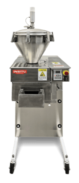 Front view of an INSITU 2-in-1 Dough Processor with stainless steel hopper, control panel, and output tray, designed to automate dough dividing and rounding in commercial foodservice kitchens.