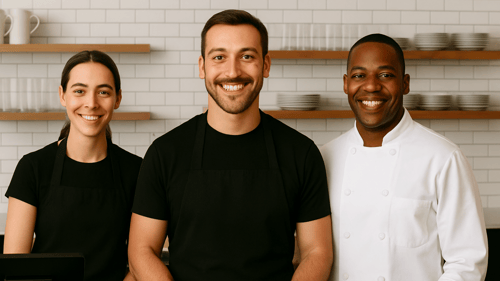 Three foodservice workers are behind the counter. Left to right is a woman with olive skin tone in a black t-shirt, a white man with a black t-shirt and a Black man in a white chef's coat. Behind them is a wallof white subway tile with floating wood shelves with cups, glasses and plates on them.