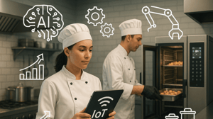 A woman chef is holding a tablet that says IoT on the back. Behind her is a male chef taking a tray out of a combi oven. Around them in white line drawings are items like a robotic arm, gears and a brain with AI written inside. 
