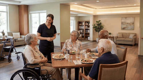 Residents of an assisted living community sit around a dining table enjoying a meal while a caregiver stands nearby serving food. One resident uses a wheelchair, and the dining room appears warm and residential with comfortable seating, natural light, and shared conversation.
