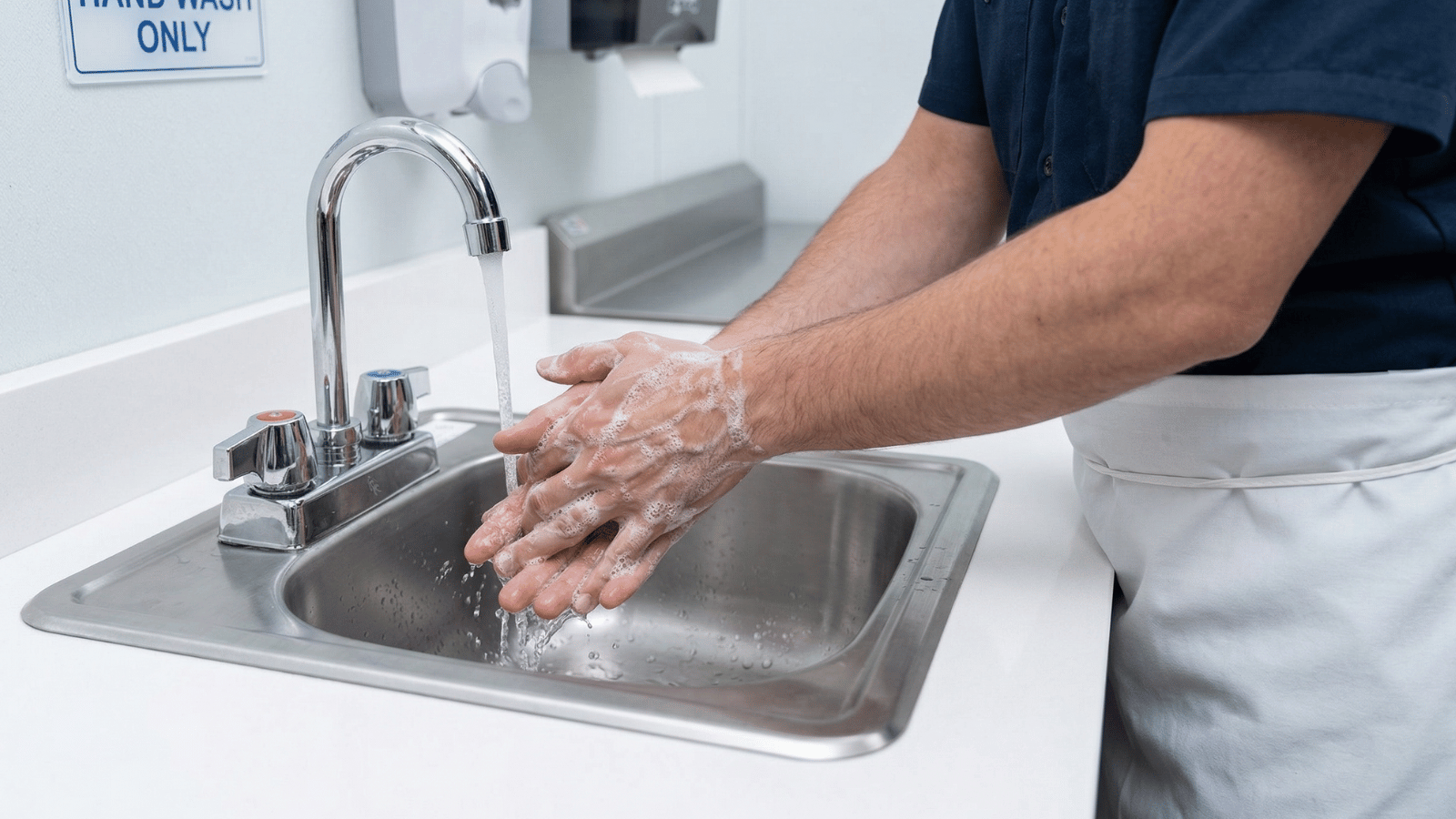 Foodservice worker washing hands with soap under running water at a stainless steel handwashing sink in a commercial kitchen, with a “hand wash only” sign visible on the wall above the sink.