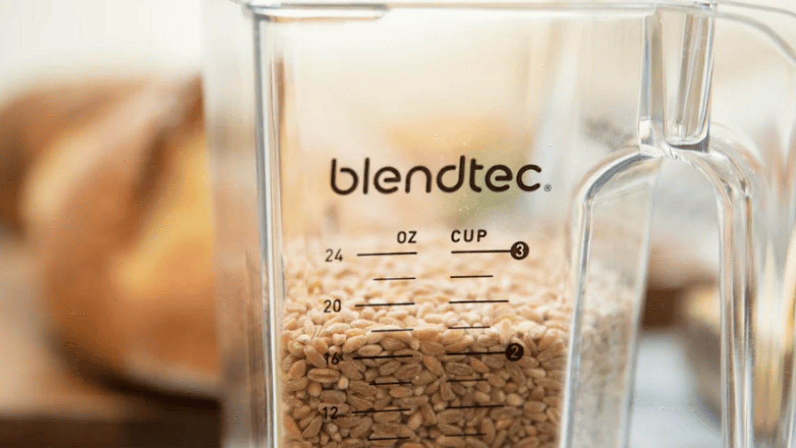 Close up of Blendtec container half full with grains