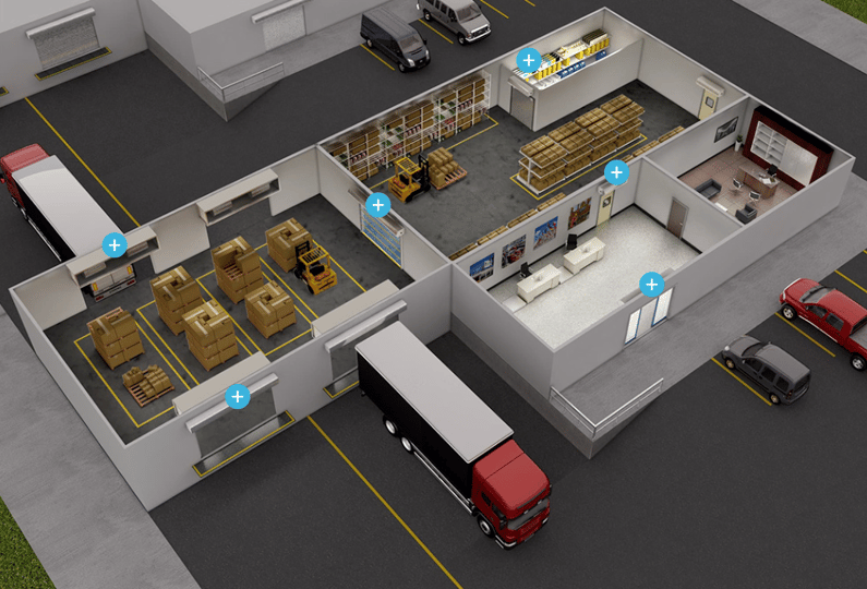 Layout of a building with multiple loading docks. Image shows different rooms with doors and garage entrances that allow for air flow and where the Mars Air Systems can be located.